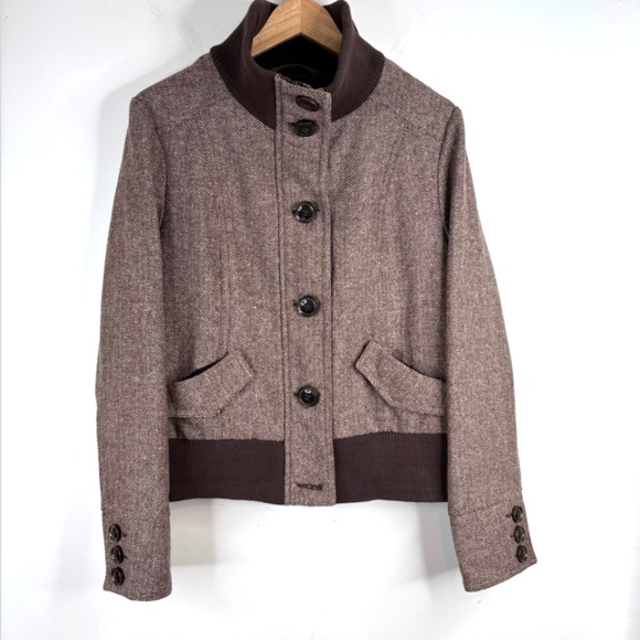VTG Y2K Delias Wool Bomber Jacket XL Brown Herringbone Pea Coat Retro Punk Skate - Picture 1 of 12